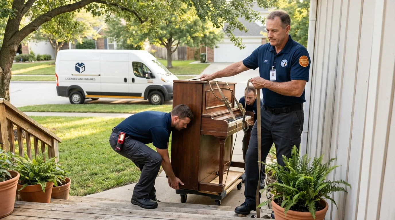 Licensed piano movers securing grand piano in Mundelein, IL