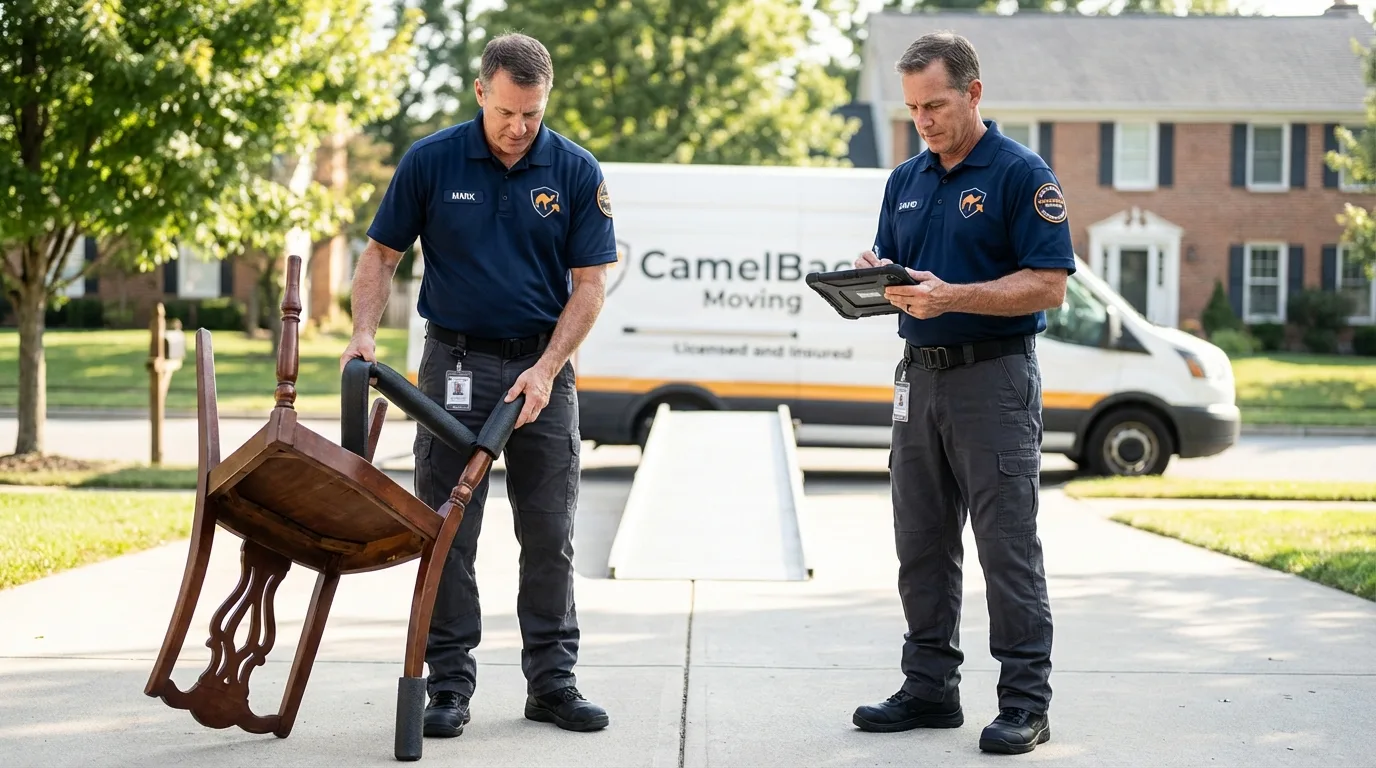 Movers inspecting furniture for damage prevention before loading in Mundelein, IL