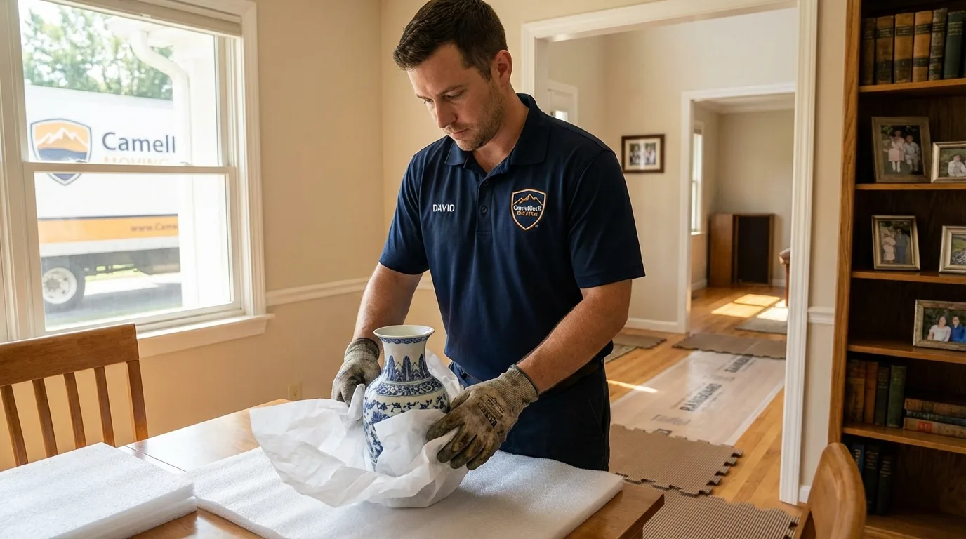 Professional crew carefully wrapping antique vase for senior downsizing move in Mundelein, IL